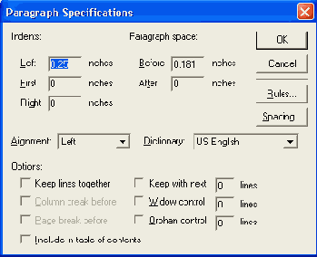   Paragraph Specifications